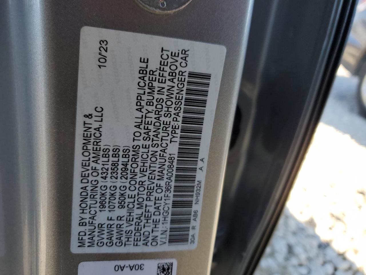 2024 Honda Accord VIN 1HGCY1F36RA008481 Copart auction photo, frame damage damage thumbnail 12