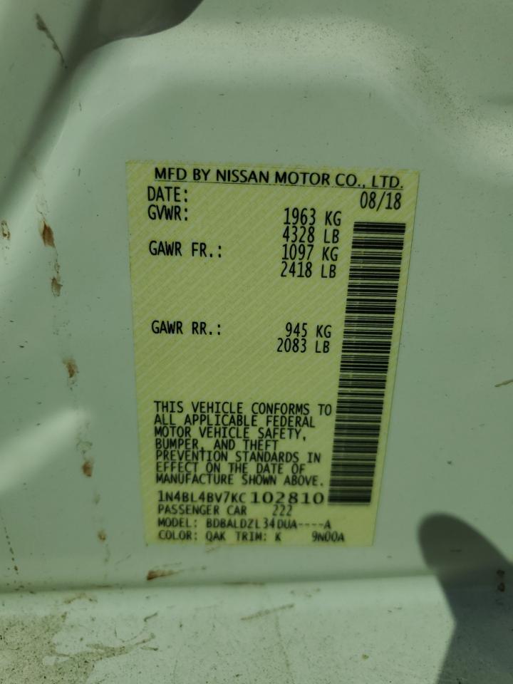 2019 Nissan Altima VIN 1N4BL4BV7KC102810 Copart auction photo, rear end / side damage thumbnail 12