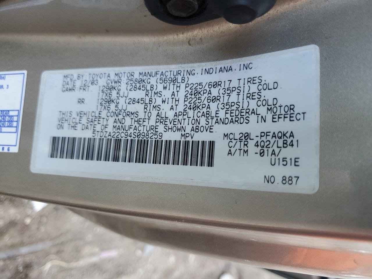 2004 Toyota Sienna VIN 5TDZA22C94S098259 Copart auction photo, front end damage thumbnail 15