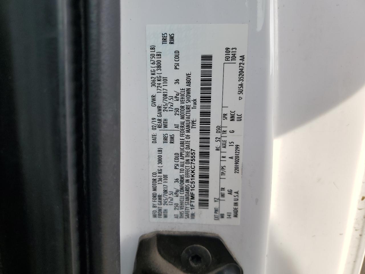 2019 Ford F-150 VIN 1FTMF1C51KKC75557 Copart auction photo, biohazard/chemical / front end damage thumbnail 12