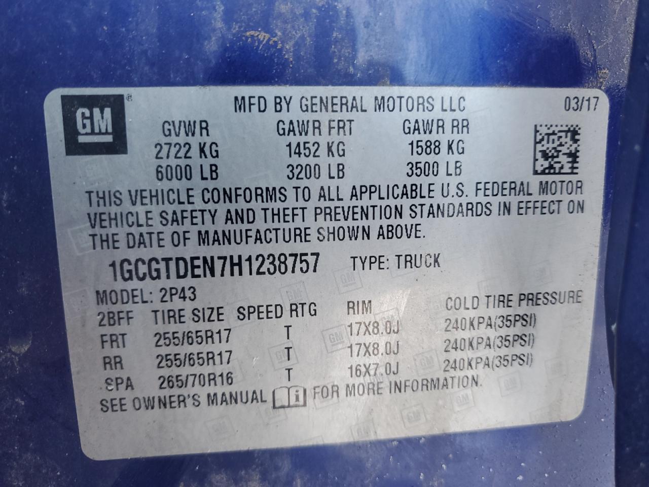 2017 Chevrolet Colorado VIN 1GCGTDEN7H1238757 Copart auction photo, front end damage thumbnail 13