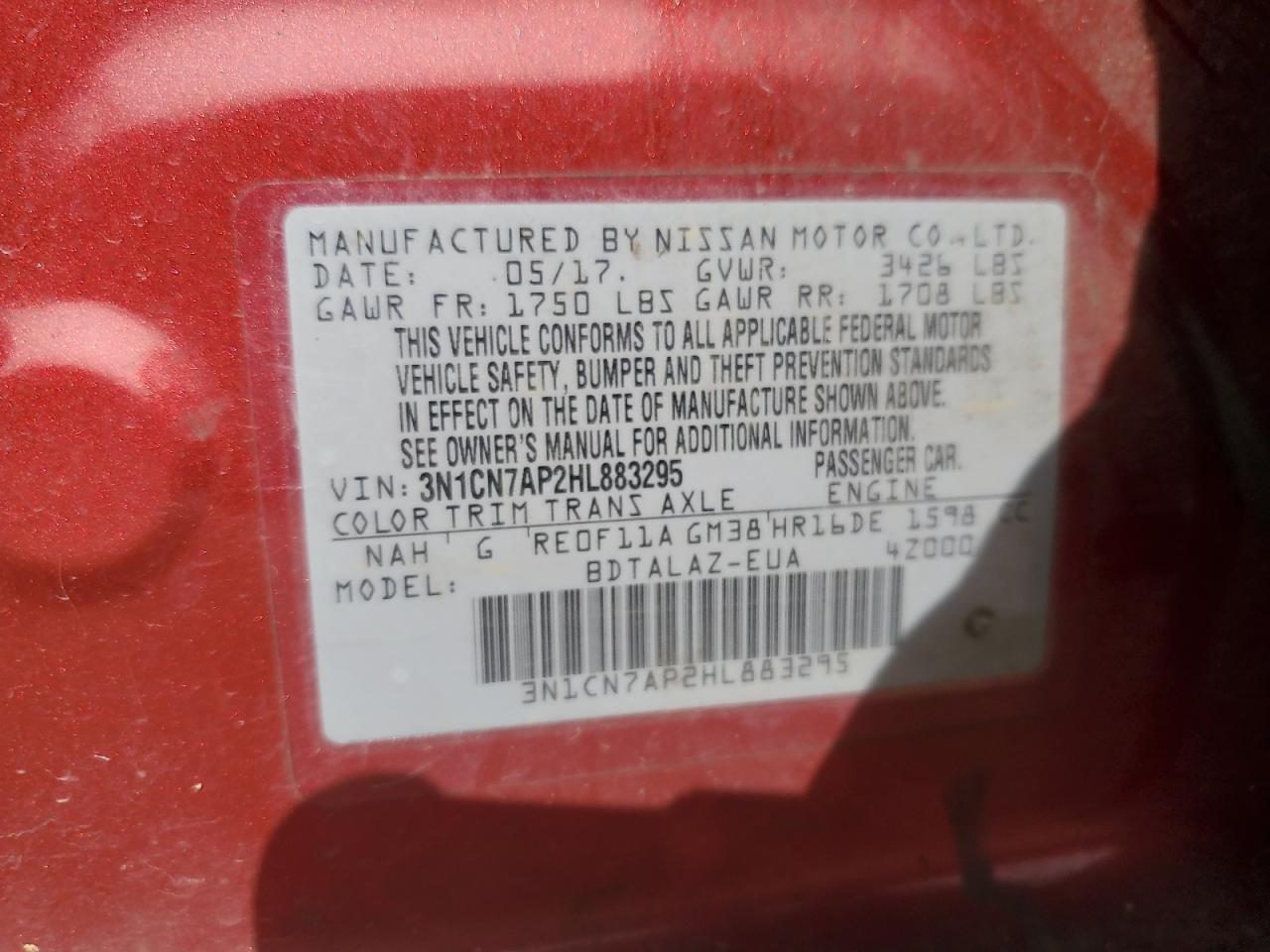 2017 Nissan Versa VIN 3N1CN7AP2HL883295 Copart auction photo, rear end damage thumbnail 12