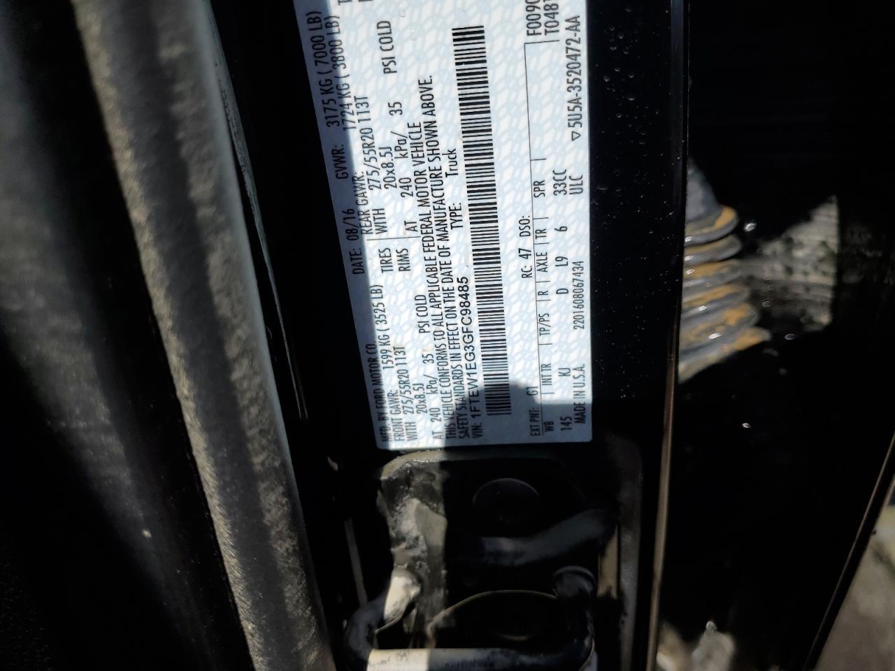 2016 Ford F-150 VIN 1FTEW1EG3GFC98485 Copart auction photo, water/flood damage thumbnail 12
