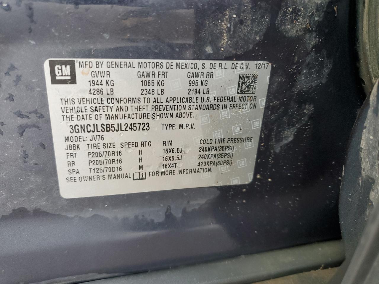 2018 Chevrolet Trax VIN 3GNCJLSB5JL245723 Copart auction photo, side / rear end damage thumbnail 13