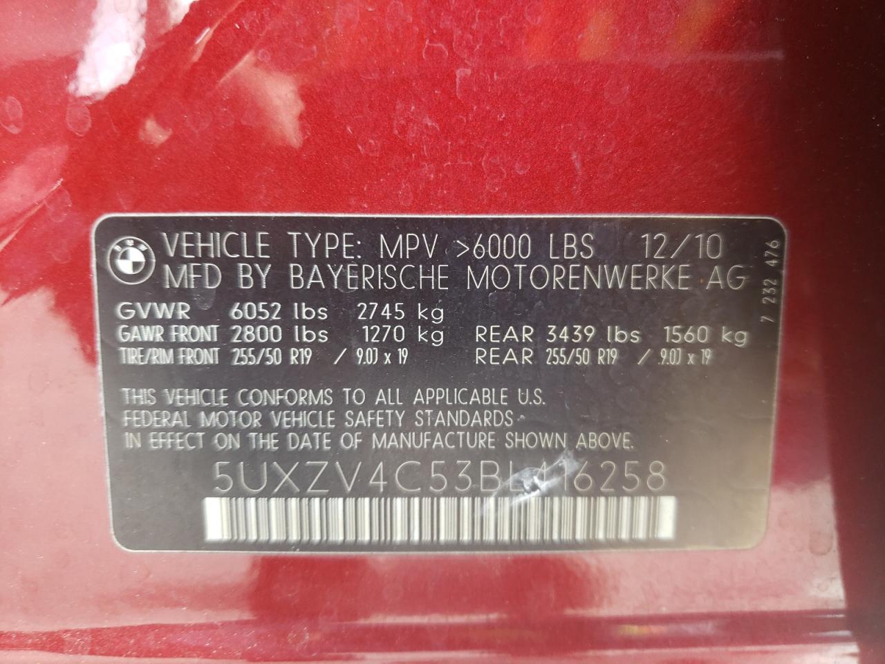 2011 BMW X5 VIN 5UXZV4C53BL416258 Copart auction photo, water/flood / minor dent/scratches damage thumbnail 14