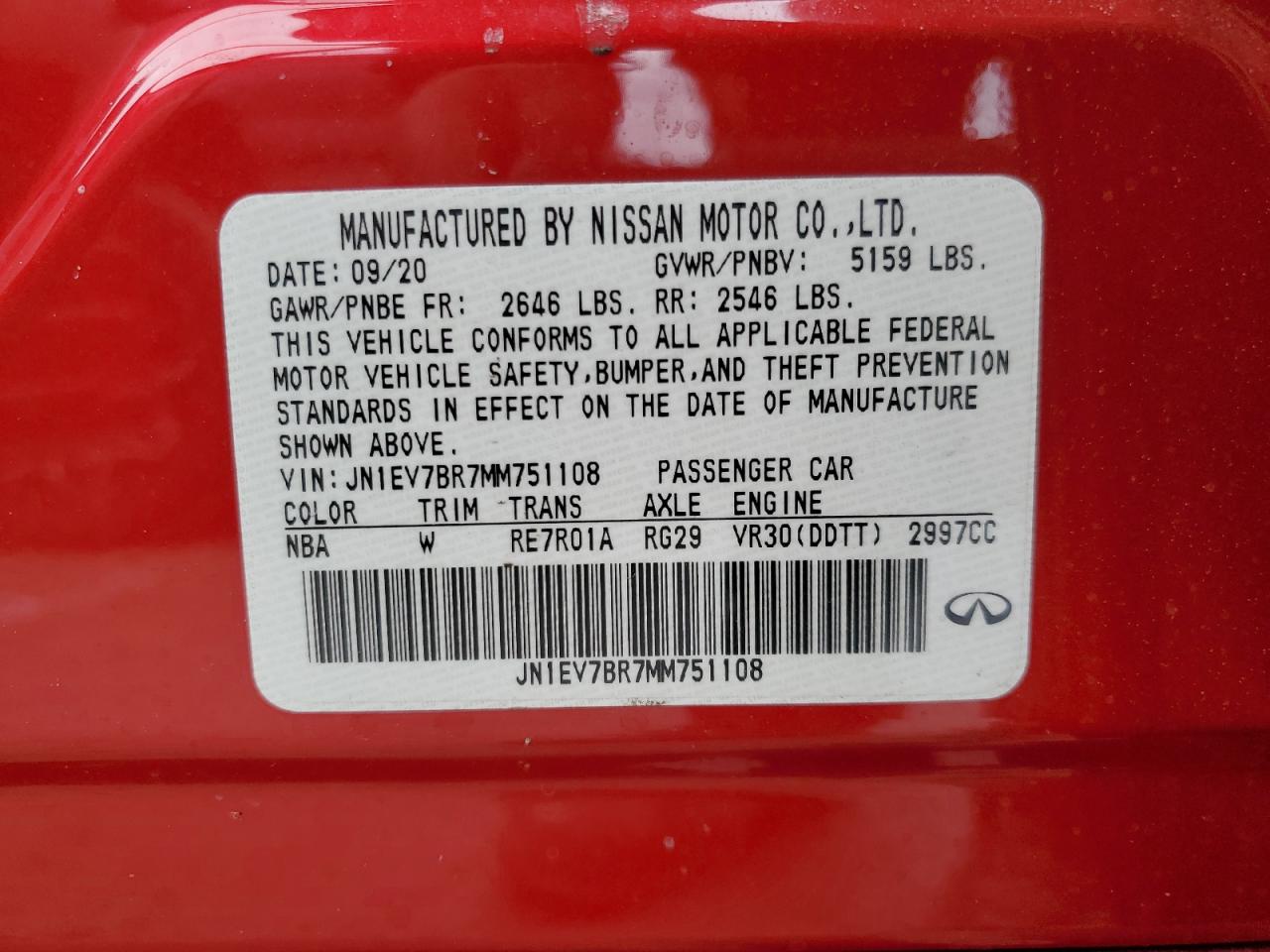 2021 Infiniti Q50 VIN JN1EV7BR7MM751108 Copart auction photo, top/roof damage thumbnail 12