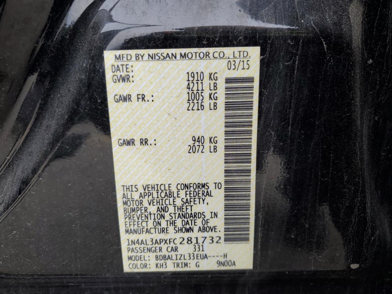 2015 Nissan Altima VIN 1N4AL3APXFC281732 Copart auction photo, front end / undercarriage damage thumbnail 14