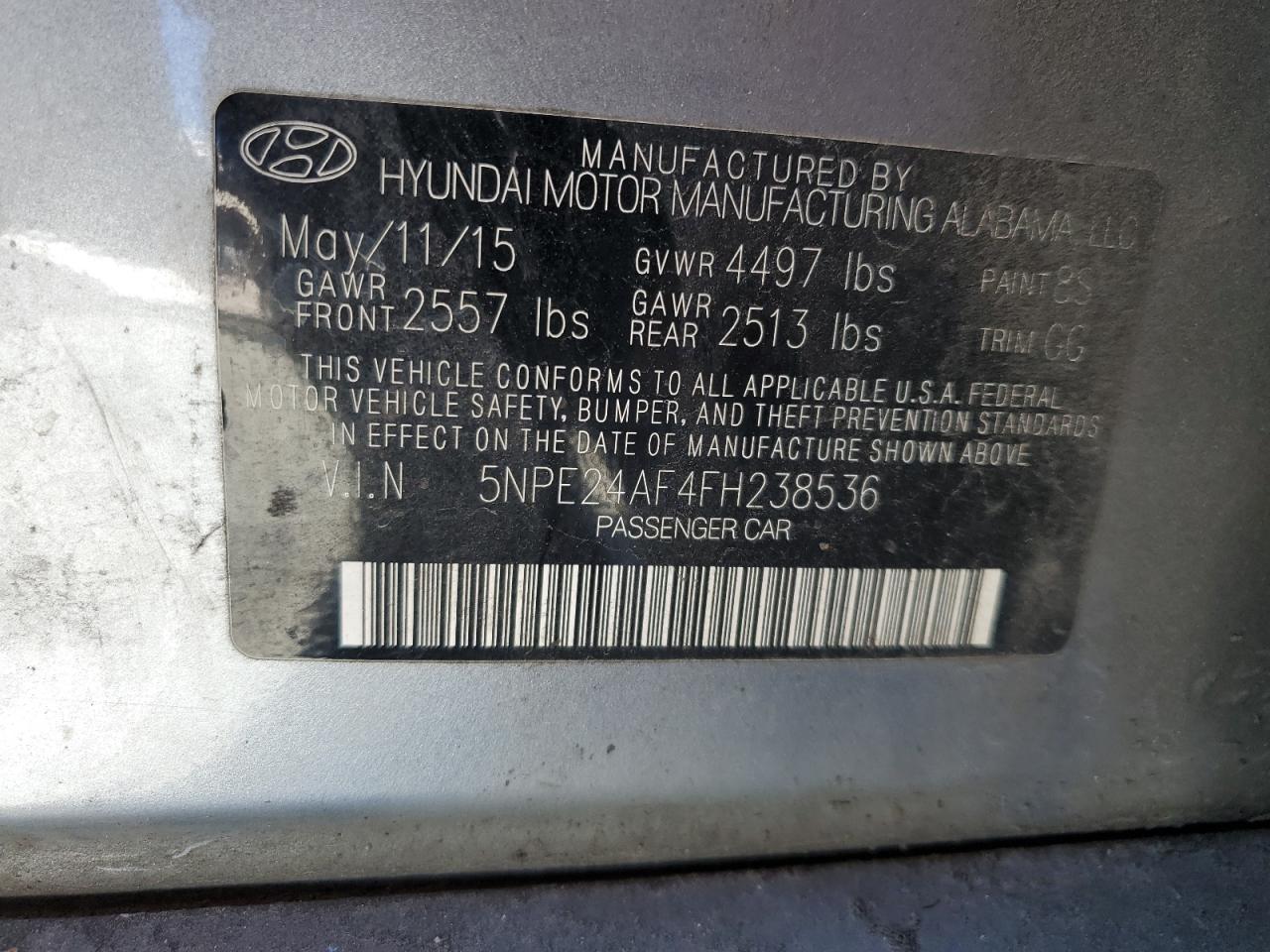 2015 Hyundai Sonata VIN 5NPE24AF4FH238536 Copart auction photo, all over damage thumbnail 13