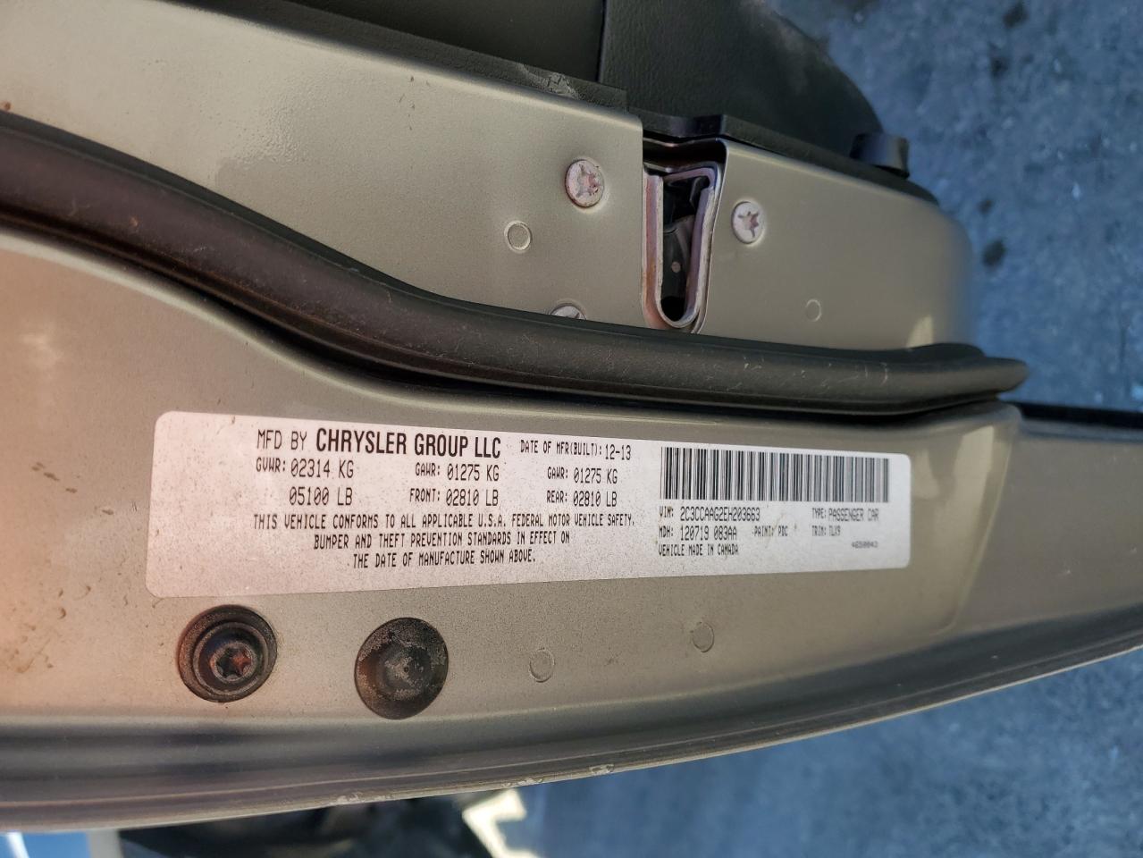 2014 Chrysler 300 VIN 2C3CCAAG2EH203663 Copart auction photo, front end / undercarriage damage thumbnail 14