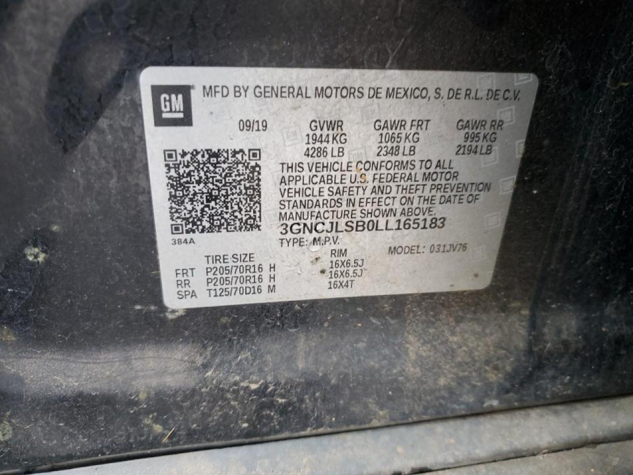 2020 Chevrolet Trax VIN 3GNCJLSB0LL165183 Copart auction photo, front end damage thumbnail 13