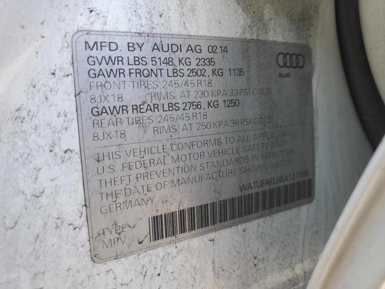 2014 Audi A4 VIN WA1UFAFL6EA121585 Copart auction photo, front end / minor dent/scratches damage thumbnail 14