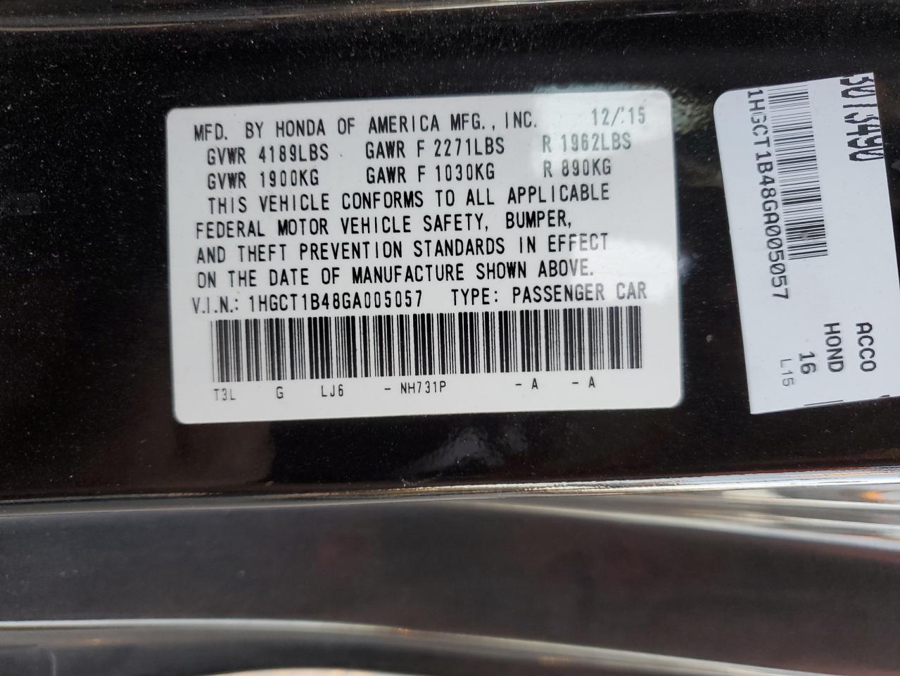 2016 Honda Accord VIN 1HGCT1B48GA005057 Copart auction photo, undercarriage damage thumbnail 14