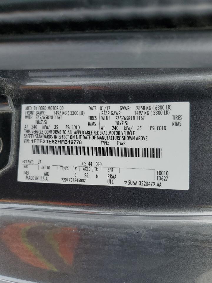 2017 Ford F-150 VIN 1FTEX1E82HFB19778 Copart auction photo, top/roof / minor dent/scratches damage thumbnail 14
