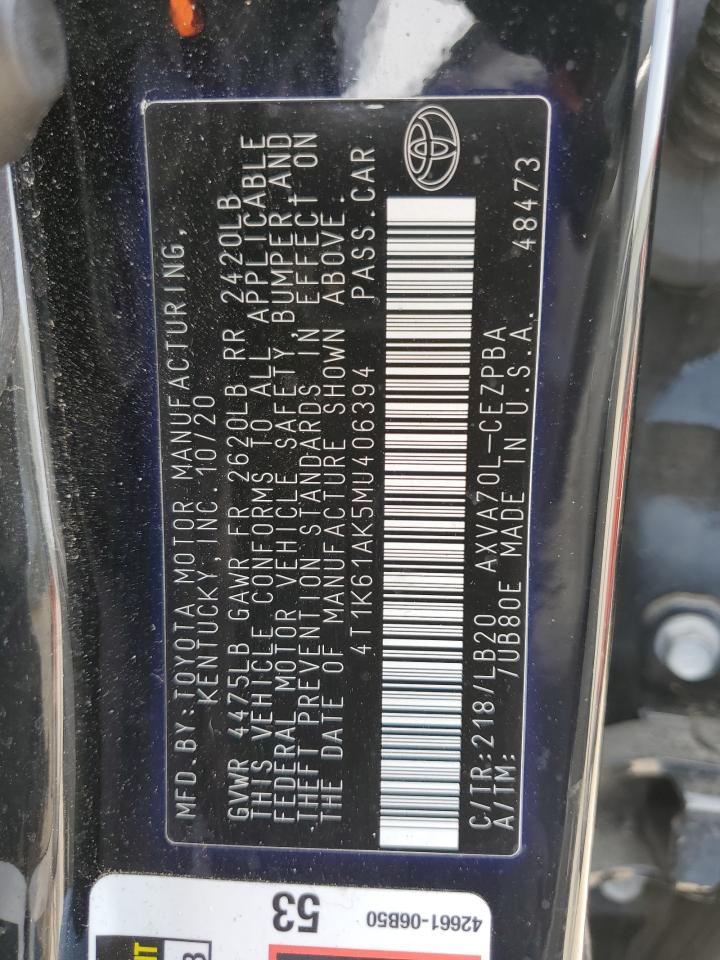 2021 Toyota Camry VIN 4T1K61AK5MU406394 Copart auction photo, front end / hail damage thumbnail 12