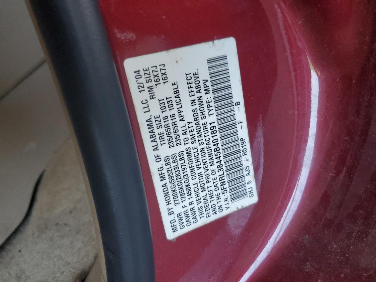 2005 Honda Odyssey VIN 5FNRL38445B401891 Copart auction photo, front end damage thumbnail 12
