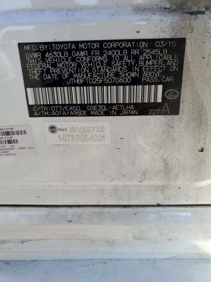 2015 Lexus IS VIN JTHBF1D25F5070600 Copart auction photo, side damage thumbnail 14