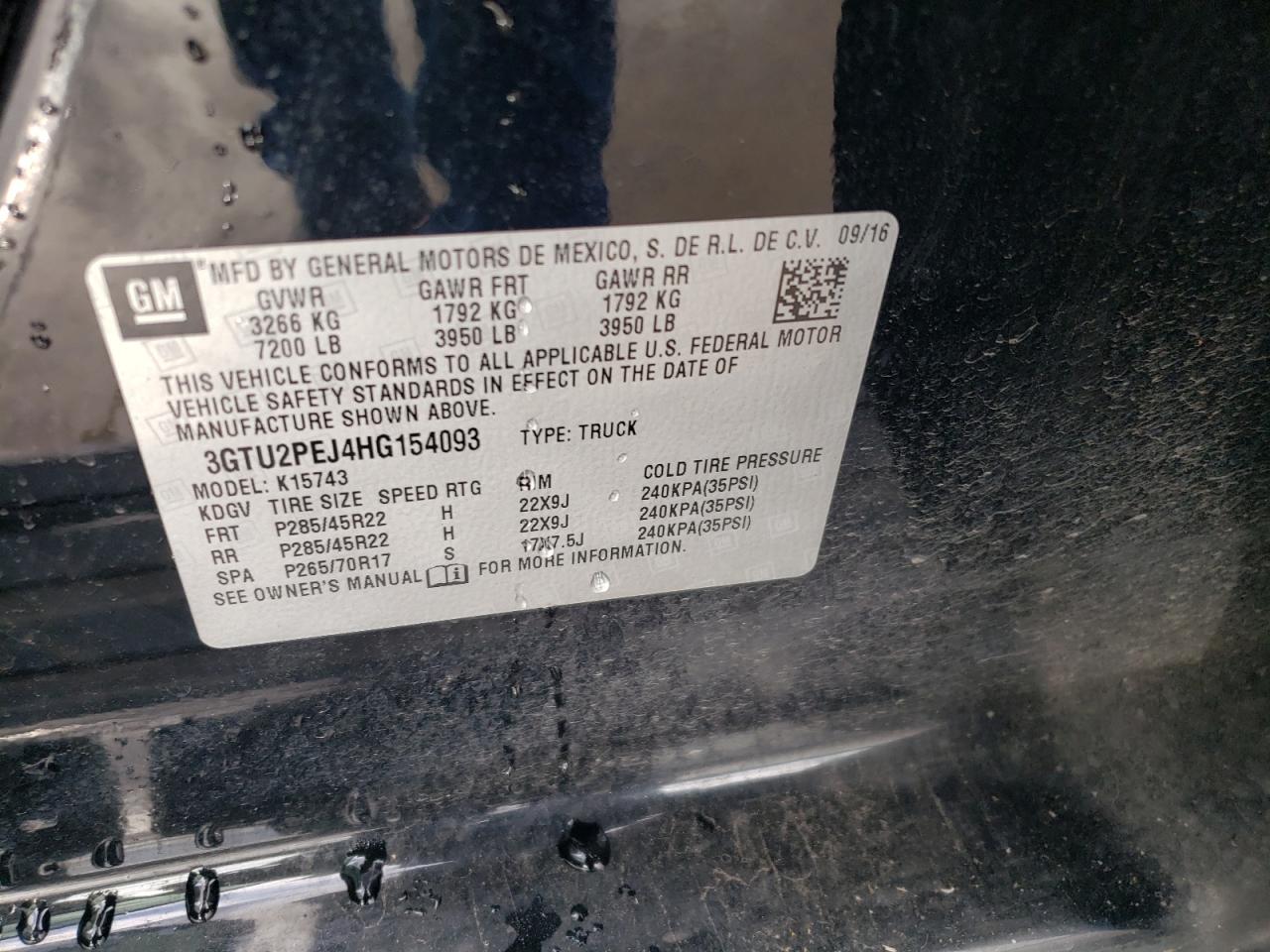 2017 GMC Sierra VIN 3GTU2PEJ4HG154093 Copart auction photo, front end damage thumbnail 14