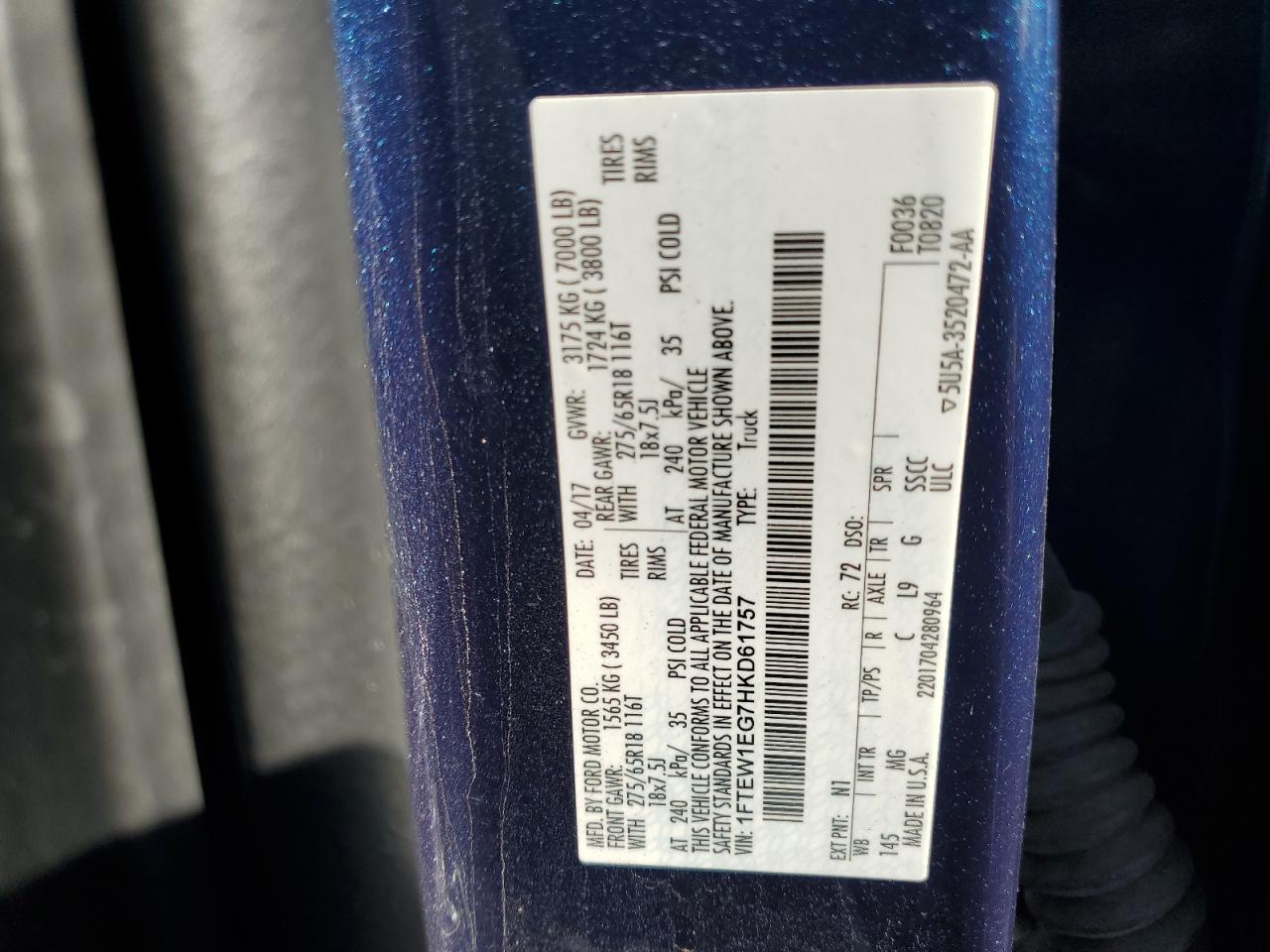 2017 Ford F-150 VIN 1FTEW1EG7HKD61757 Copart auction photo, rear end / side damage thumbnail 12