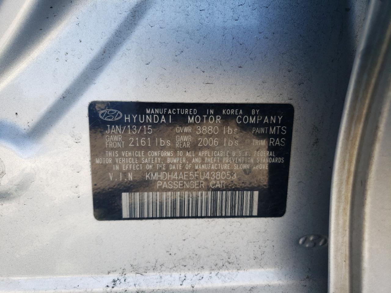 2015 Hyundai Elantra VIN KMHDH4AE5FU438053 Copart auction photo, rear end / minor dent/scratches damage thumbnail 12