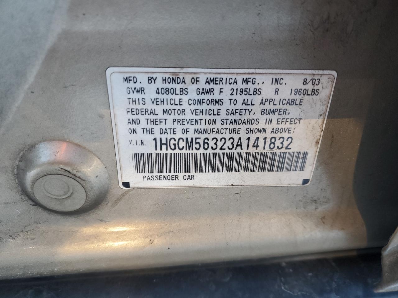 2003 Honda Accord VIN 1HGCM56323A141832 Copart auction photo, front end / rear end damage thumbnail 12