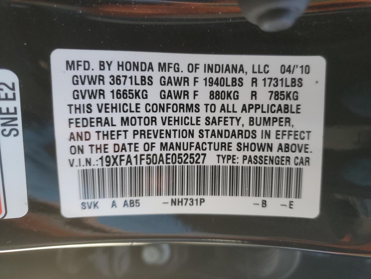 2010 Honda Civic VIN 19XFA1F50AE052527 Copart auction photo, side damage thumbnail 12