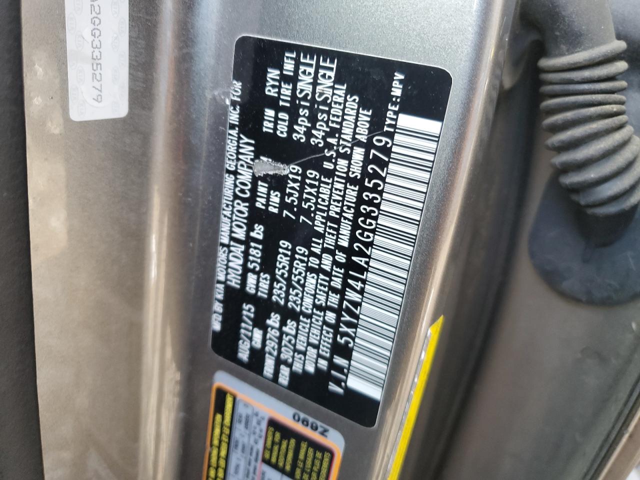2016 Hyundai Santa Fe VIN 5XYZW4LA2GG335279 Copart auction photo, front end damage thumbnail 13