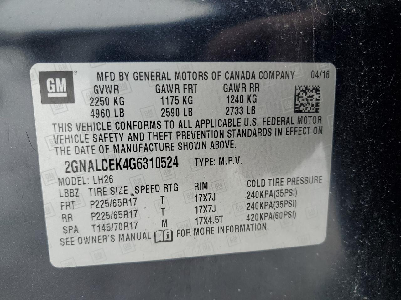 2016 Chevrolet Equinox VIN 2GNALCEK4G6310524 Copart auction photo, front end damage thumbnail 13