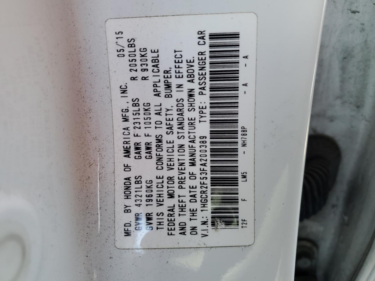 2015 Honda Accord VIN 1HGCR2F53FA200389 Copart auction photo, rear end / front end damage thumbnail 12