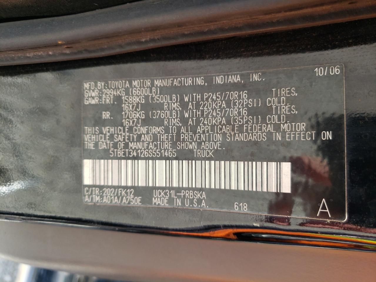 2006 Toyota Tundra VIN 5TBET34126S551465 Copart auction photo, front end damage thumbnail 13