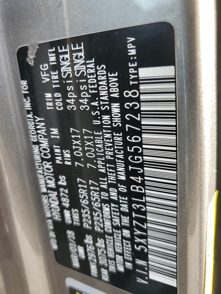 2018 Hyundai Santa Fe VIN 5XYZT3LB4JG567238 Copart auction photo, side damage thumbnail 13