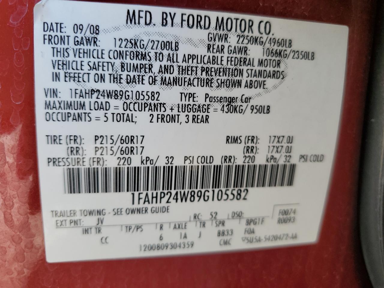 2009 Ford Taurus VIN 1FAHP24W89G105582 Copart auction photo, side / minor dent/scratches damage thumbnail 14