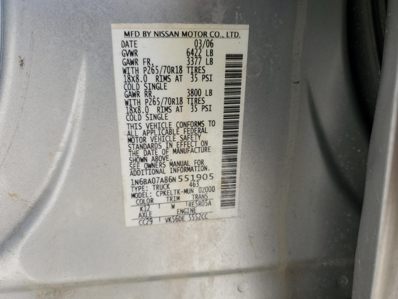 2006 Nissan Titan VIN 1N6BA07A86N551905 Copart auction photo, front end damage thumbnail 13