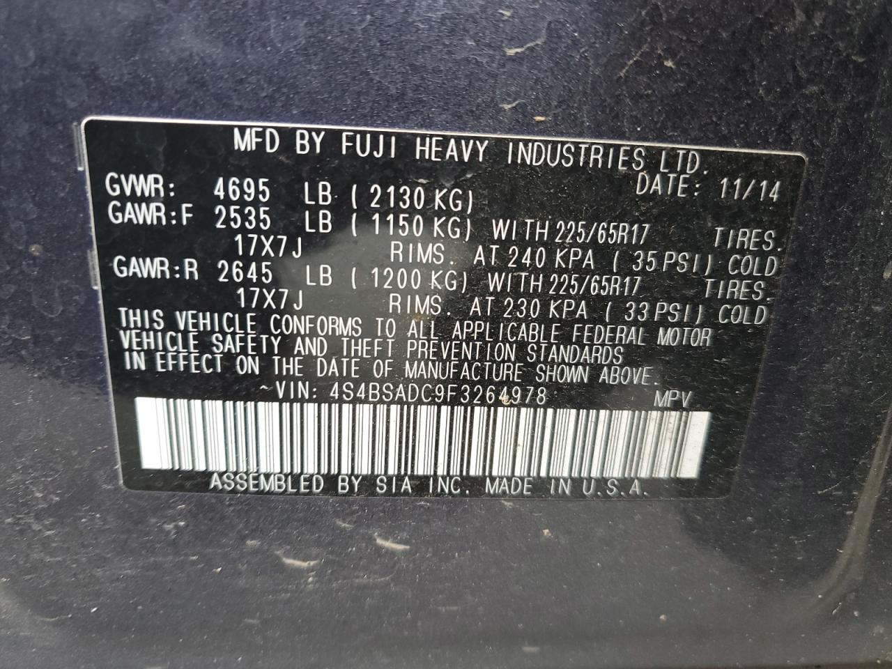 2015 Subaru Outback VIN 4S4BSADC9F3264978 Copart auction photo, all over damage thumbnail 12