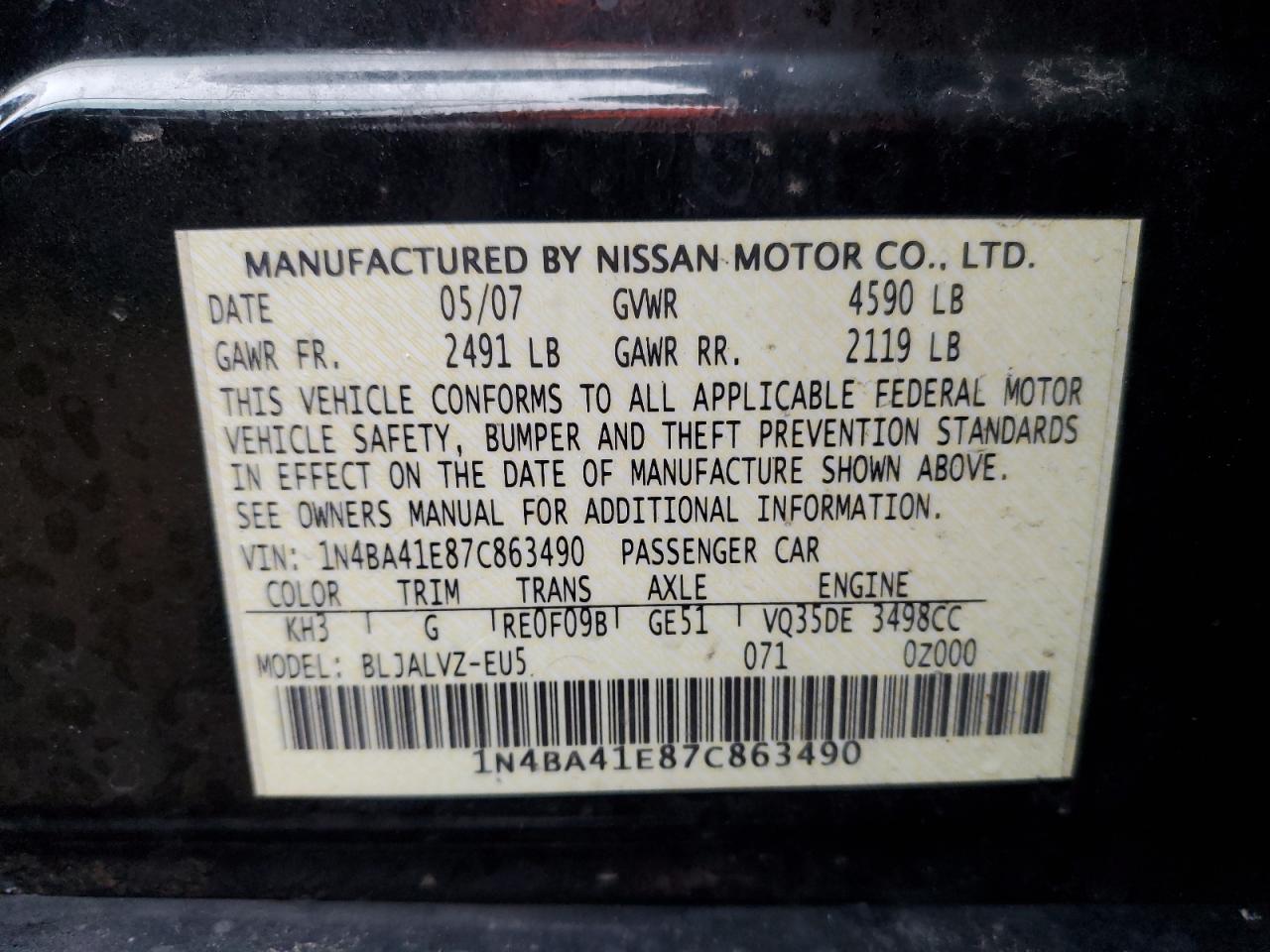 2007 Nissan Maxima VIN 1N4BA41E87C863490 Copart auction photo, front end / mechanical damage thumbnail 12