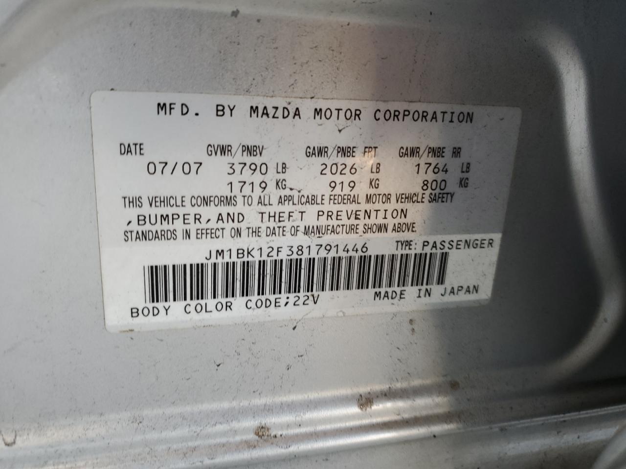 2008 Mazda 3 VIN JM1BK12F381791446 Copart auction photo, rear end / front end damage thumbnail 12