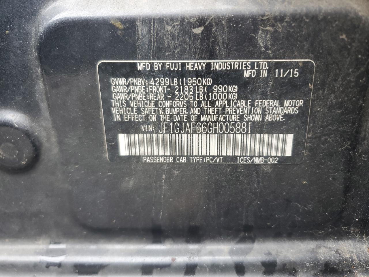2016 Subaru Impreza VIN JF1GJAF66GH005881 Copart auction photo, all over damage thumbnail 13