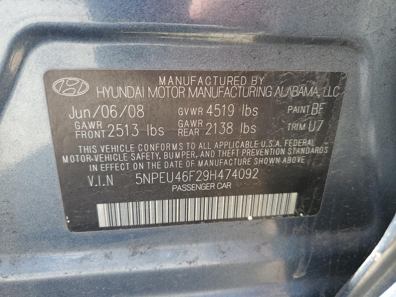 2009 Hyundai Sonata VIN 5NPEU46F29H474092 Copart auction photo, front end / side damage thumbnail 13
