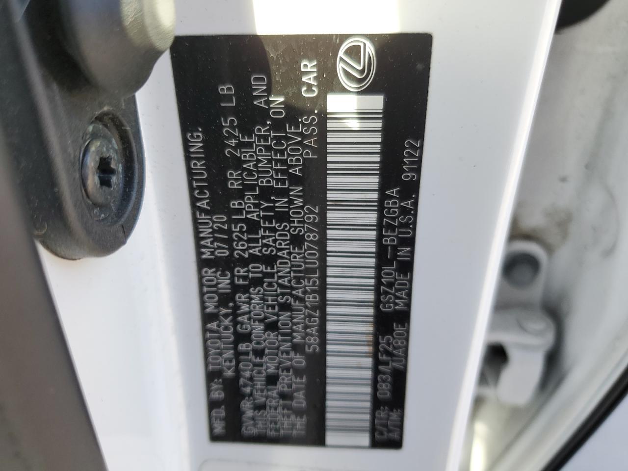2020 Lexus ES VIN 58AGZ1B15LU078792 Copart auction photo, front end damage thumbnail 12