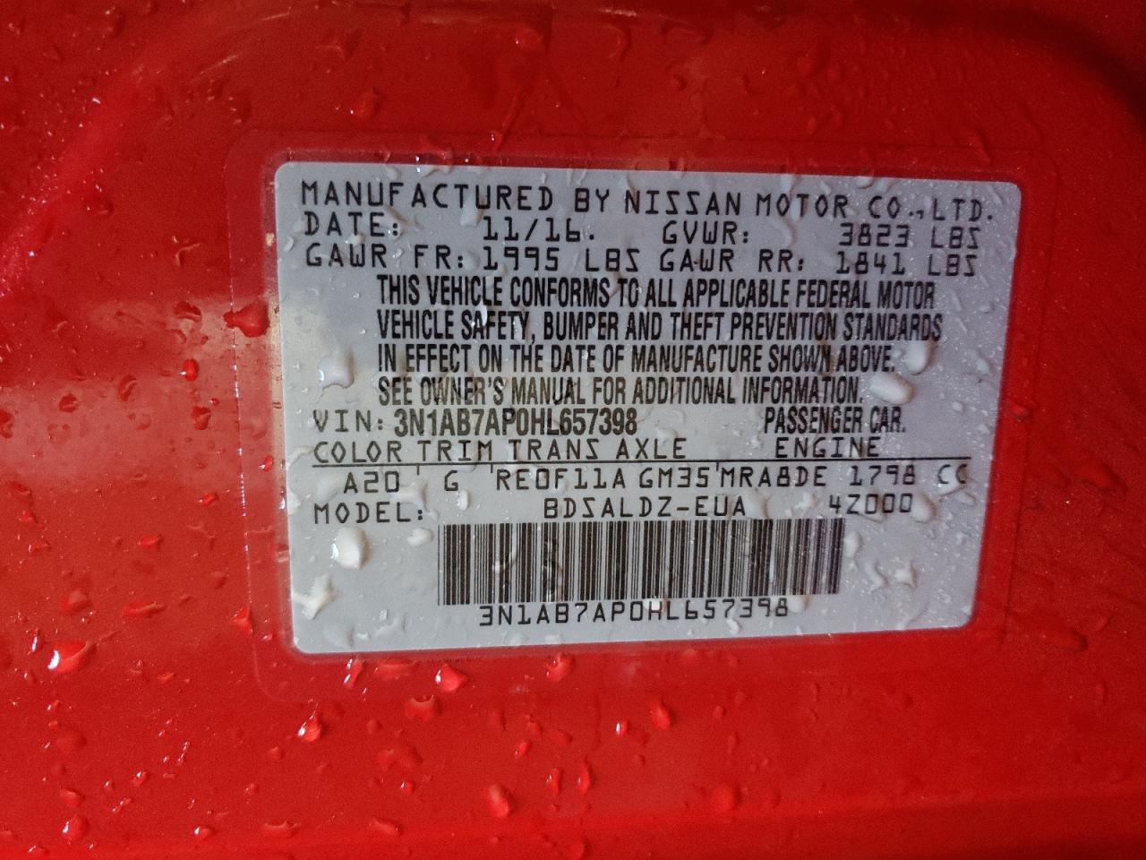2017 Nissan Sentra VIN 3N1AB7AP0HL657398 Copart auction photo, front end / rear end damage thumbnail 12