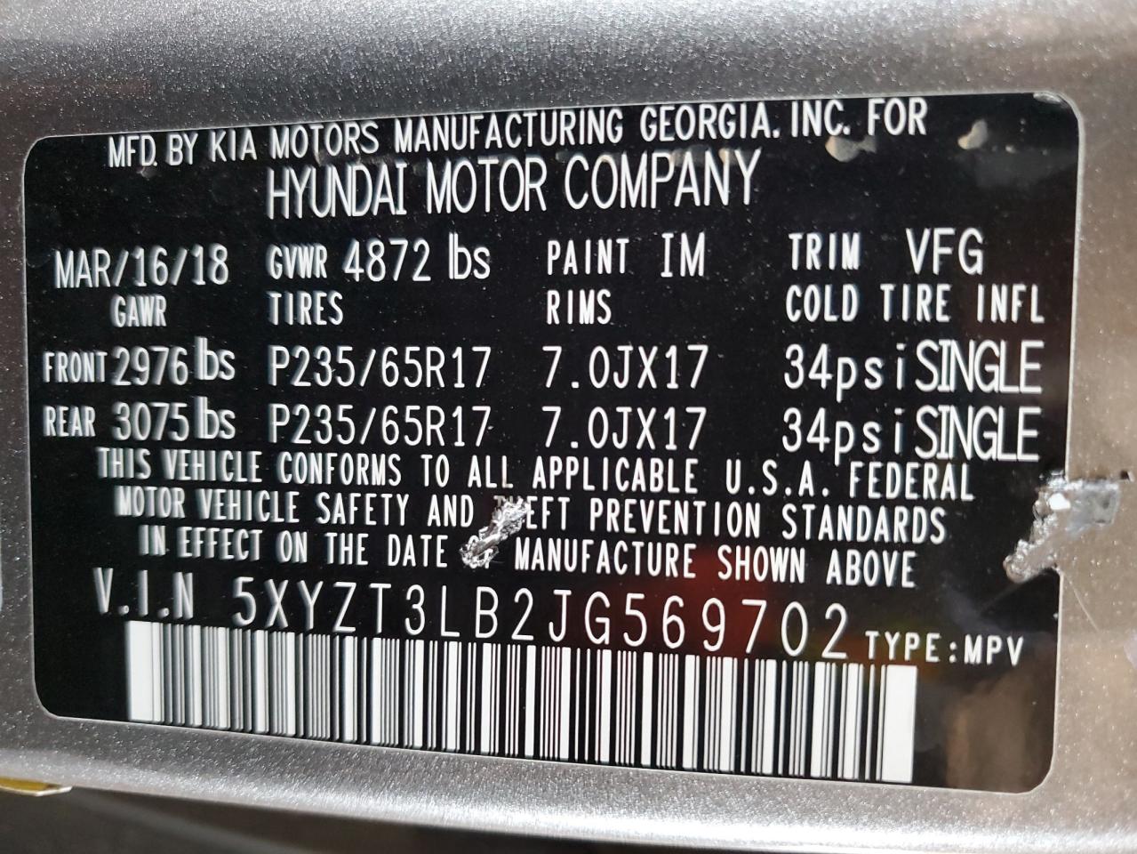 2018 Hyundai Santa Fe VIN 5XYZT3LB2JG569702 Copart auction photo, front end damage thumbnail 12