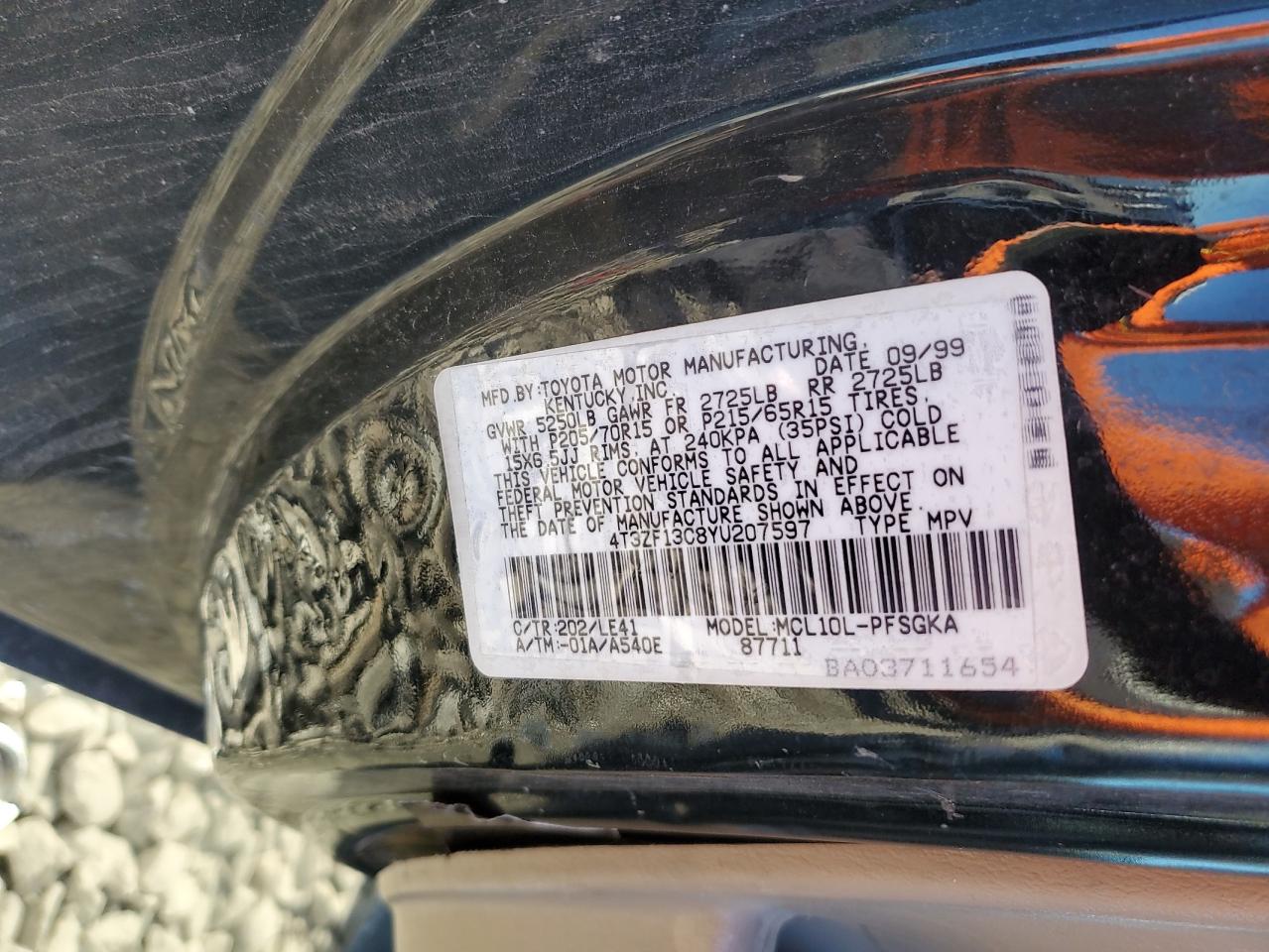 2000 Toyota Sienna VIN 4T3ZF13C8YU207597 Copart auction photo, side / rear end damage thumbnail 13