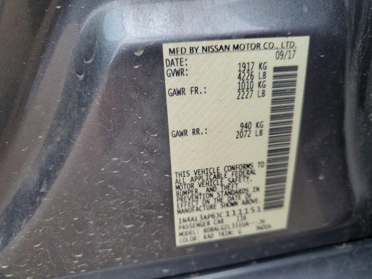 2018 Nissan Altima VIN 1N4AL3AP6JC111151 Copart auction photo, rear end / minor dent/scratches damage thumbnail 14