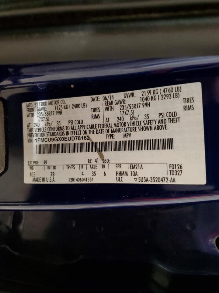 2014 Ford Escape VIN 1FMCU9GX0EUD78162 Copart auction photo, front end / side damage thumbnail 13