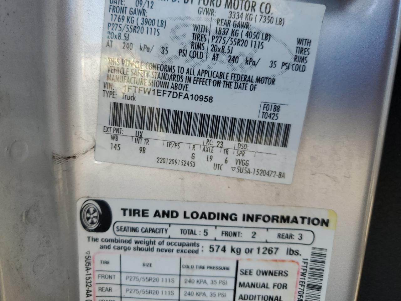 2013 Ford F-150 VIN 1FTFW1EF7DFA10958 Copart auction photo, front end / rear end damage thumbnail 14