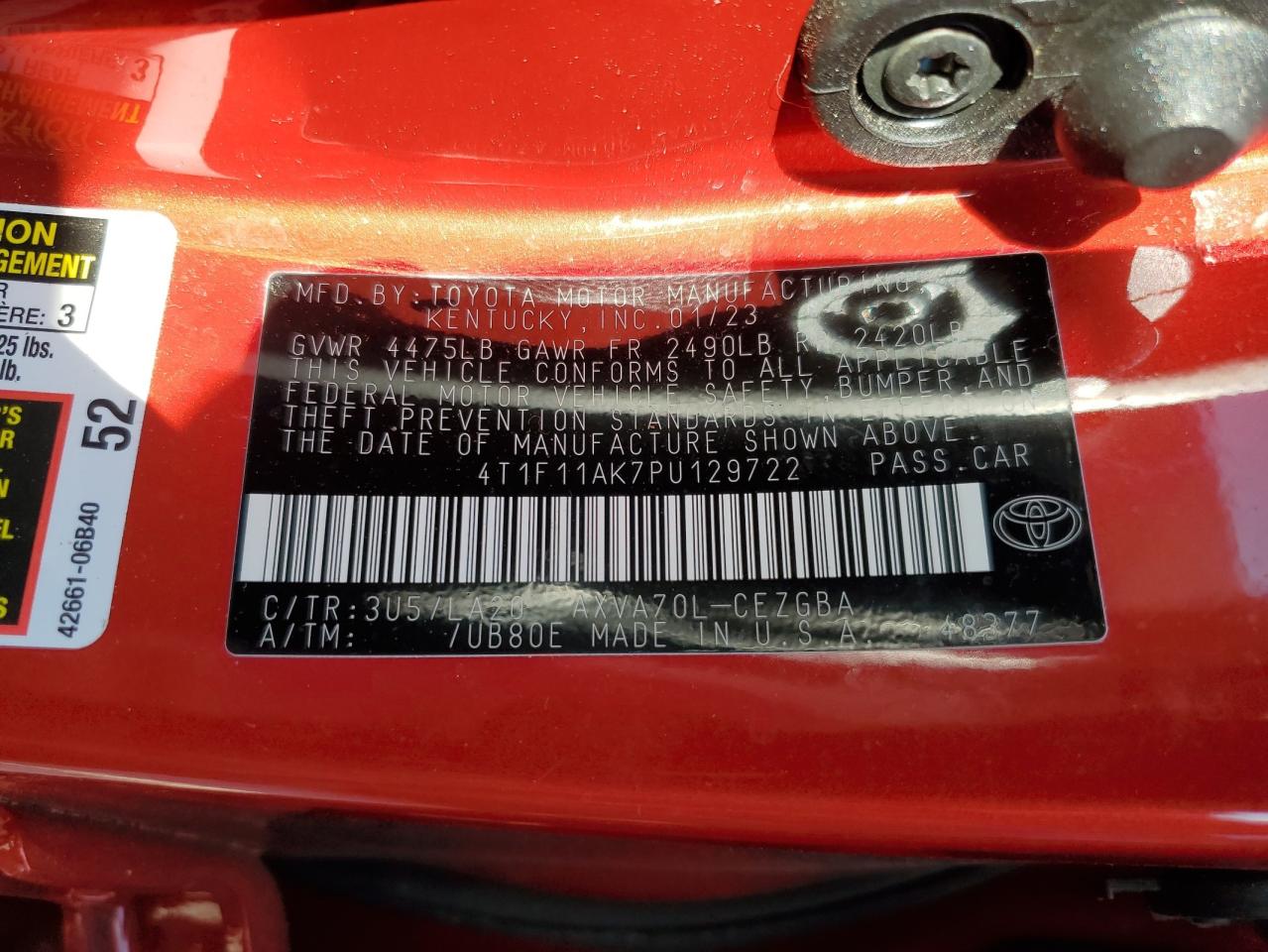 2023 Toyota Camry VIN 4T1F11AK7PU129722 Copart auction photo, rear end / side damage thumbnail 12