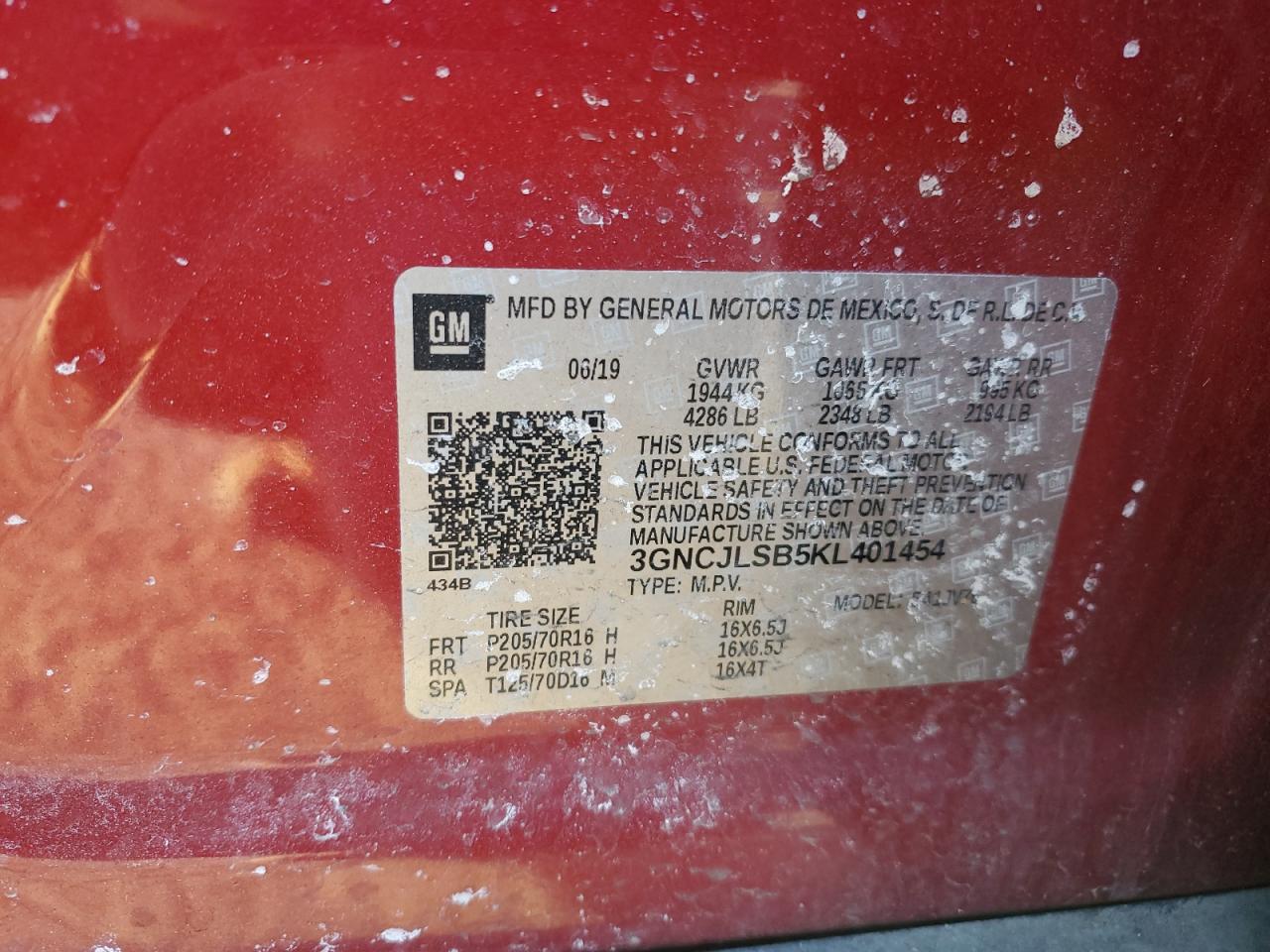 2019 Chevrolet Trax VIN 3GNCJLSB5KL401454 Copart auction photo, front end damage thumbnail 14