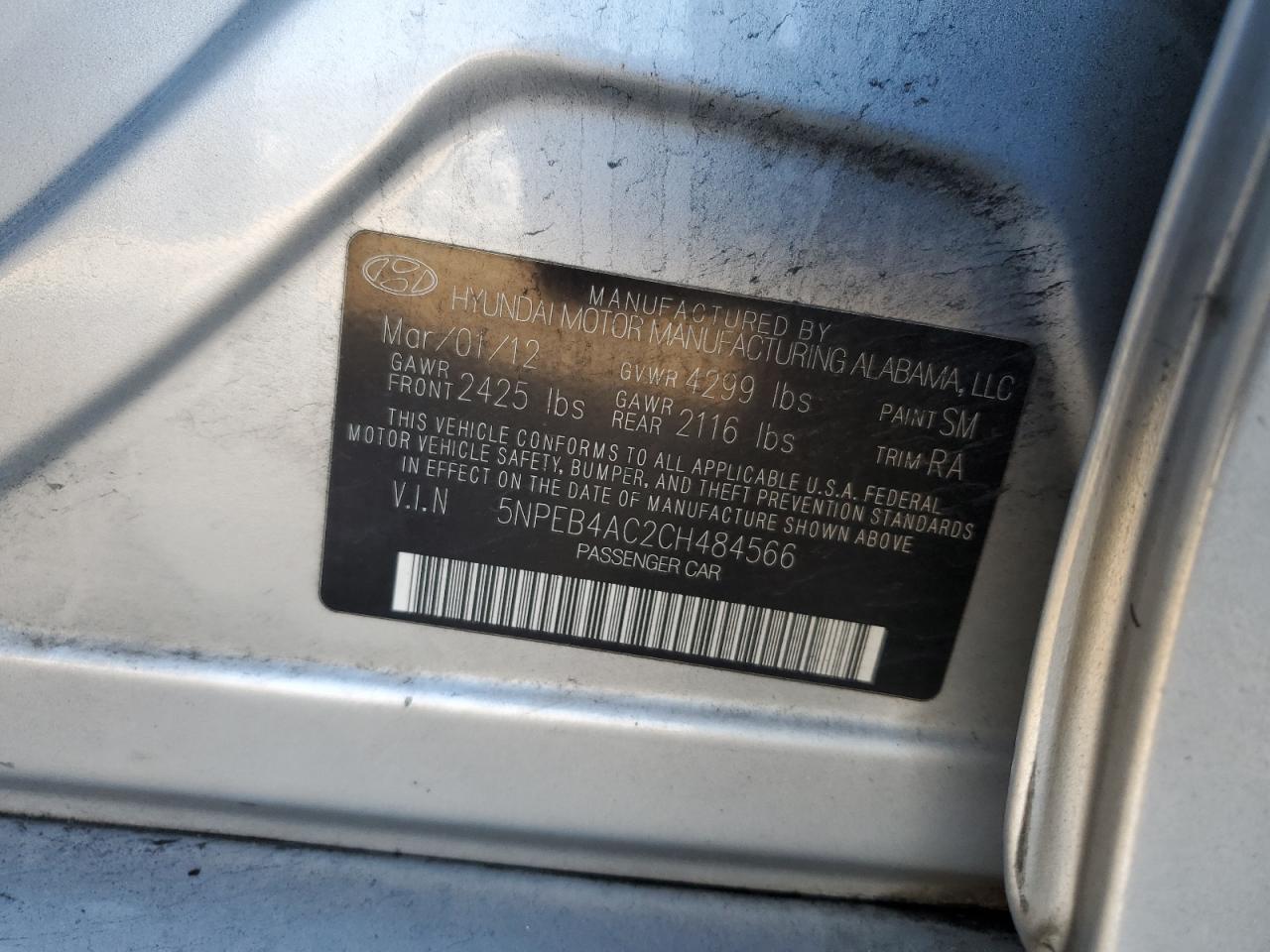 2012 Hyundai Sonata VIN 5NPEB4AC2CH484566 Copart auction photo, side / rear end damage thumbnail 14