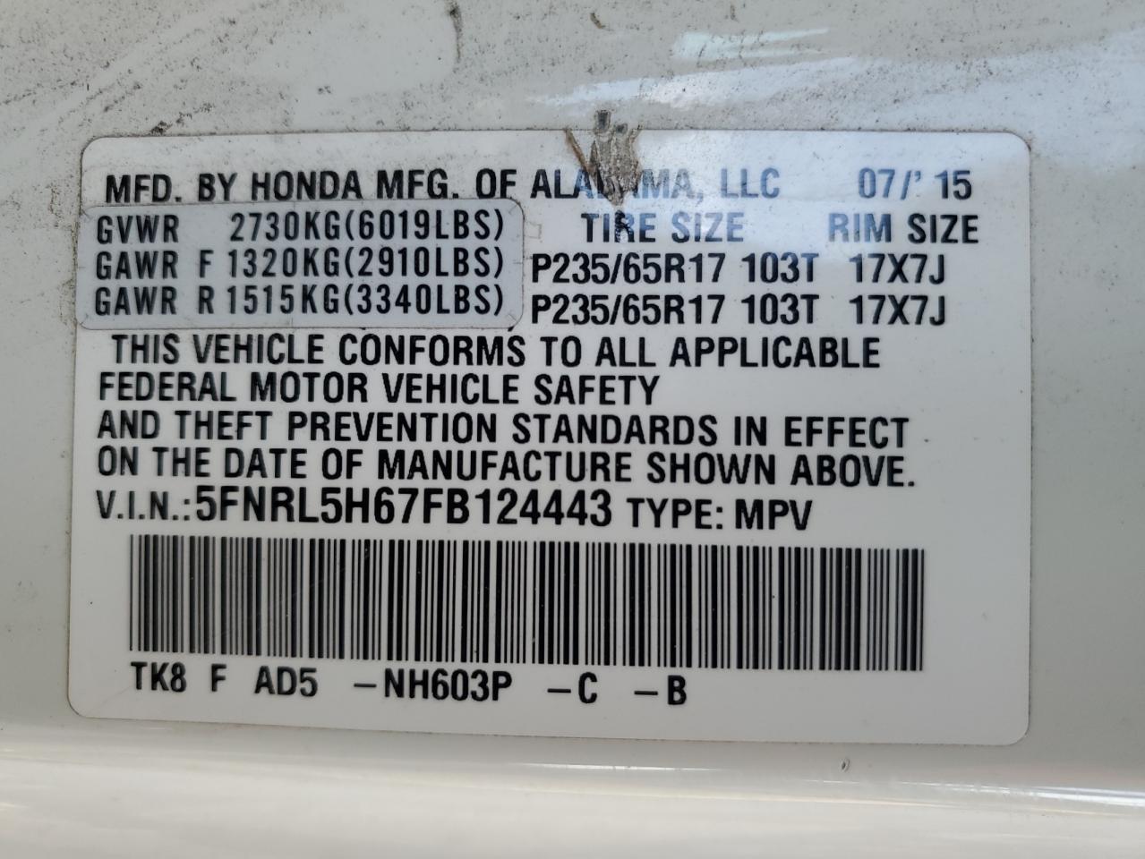 2015 Honda Odyssey VIN 5FNRL5H67FB124443 Copart auction photo, rear end / side damage thumbnail 13