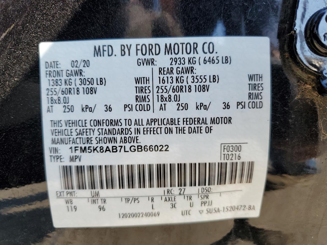 2020 Ford Explorer VIN 1FM5K8AB7LGB66022 Copart auction photo, side / front end damage thumbnail 13