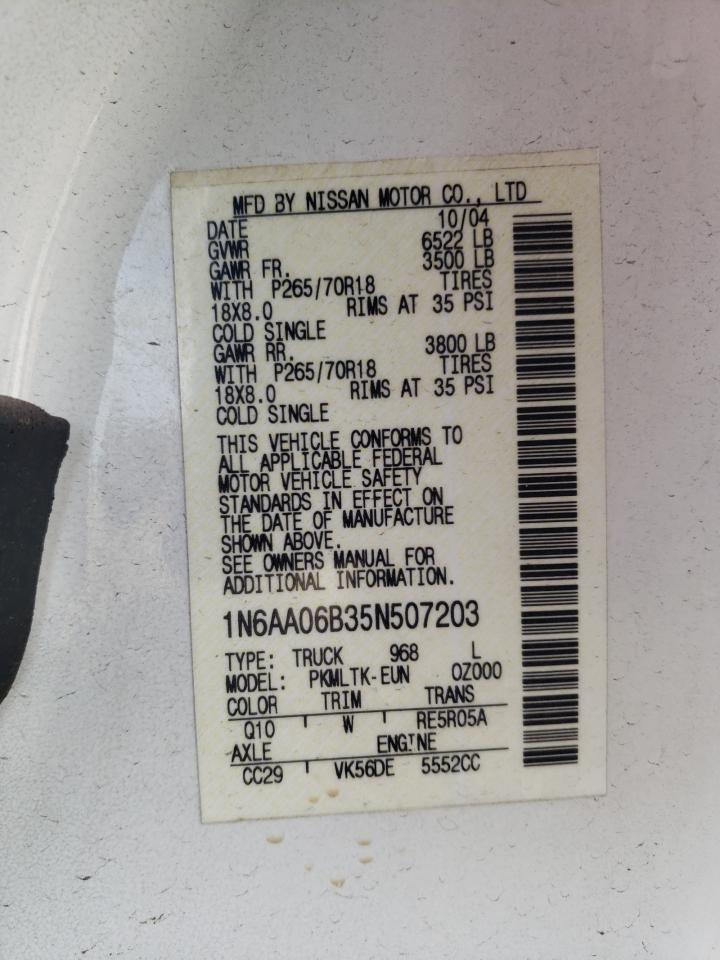 2005 Nissan Titan VIN 1N6AA06B35N507203 Copart auction photo, front end damage thumbnail 12